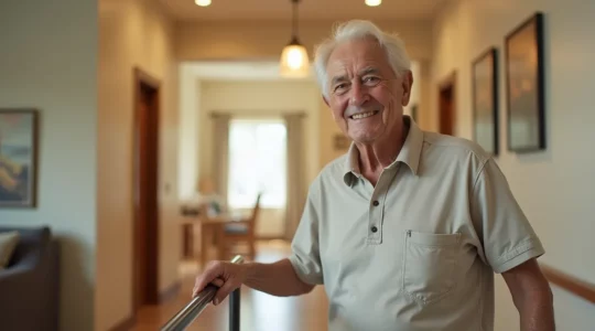 Personne âgée se déplaçant confortablement dans un logement adapté avec barres d'appui et éclairage approprié