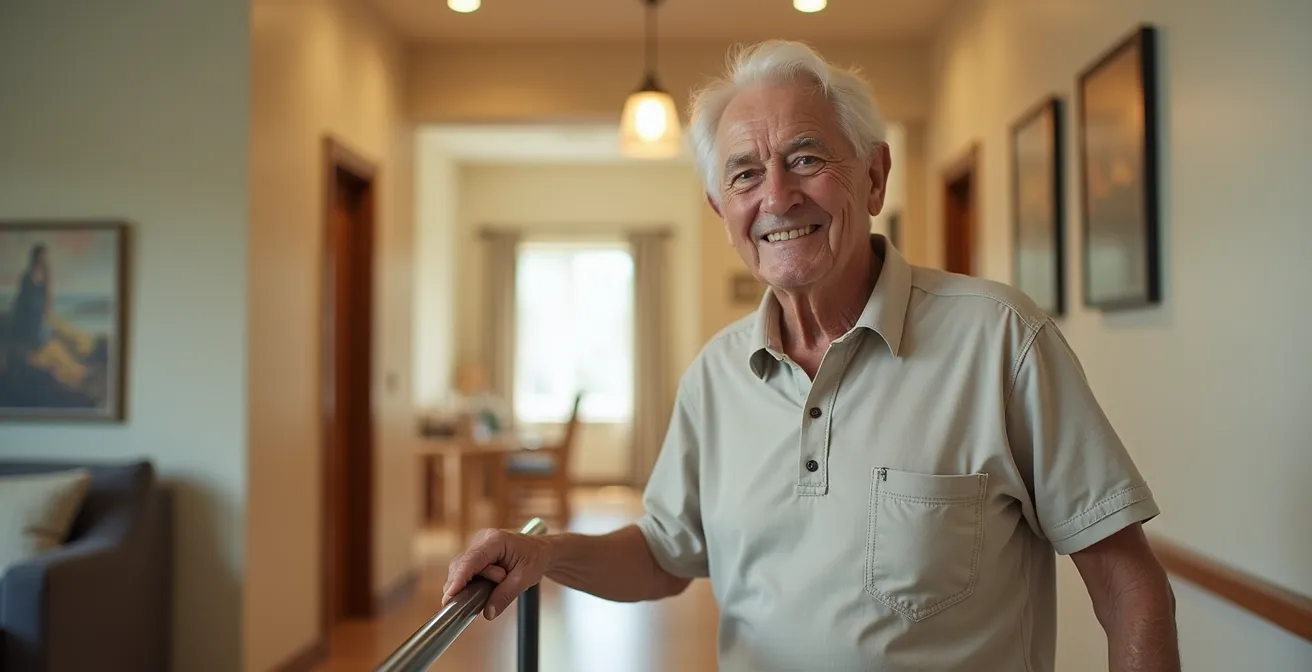 Personne âgée se déplaçant confortablement dans un logement adapté avec barres d'appui et éclairage approprié