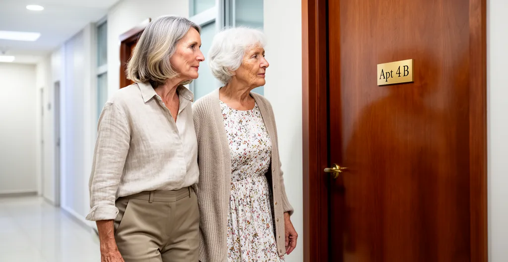 Fille adulte et sa mère senior marchant dans le couloir d'une résidence