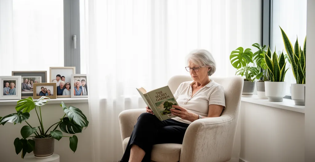 Femme senior assise dans un fauteuil confortable dans un appartement lumineux