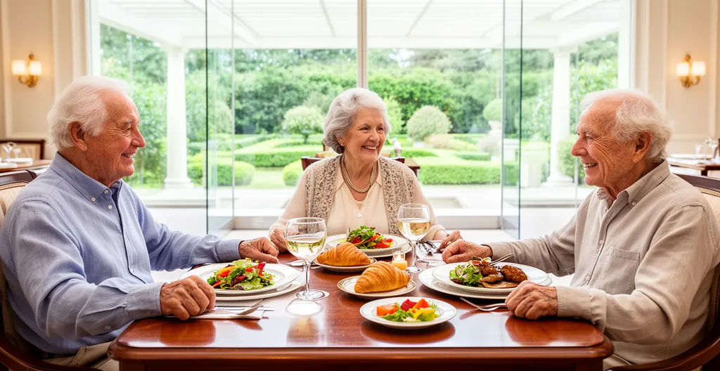 Groupe de seniors déjeunant ensemble dans la salle de restaurant d'une résidence