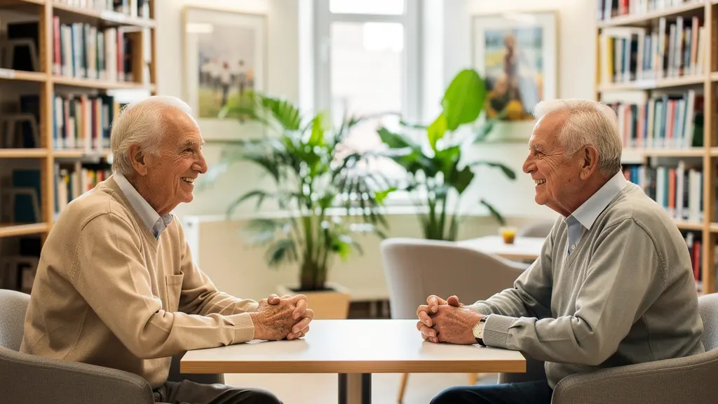 Espace bibliothèque convivial en résidence senior : deux personnes âgées discutant autour d'une table