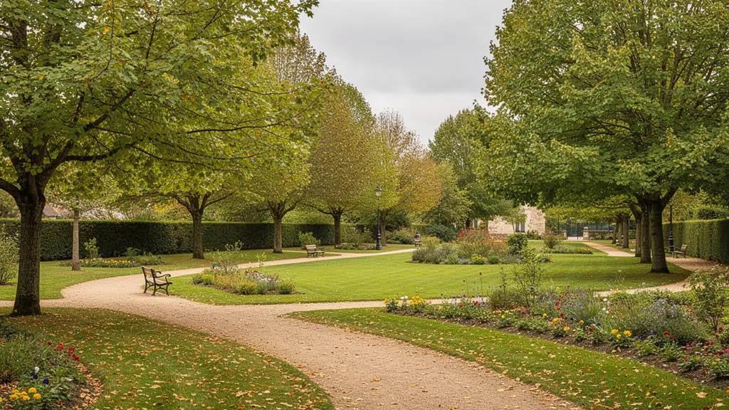 Parc arboré à Châtellerault avec allées ombragées et bancs, ambiance paisible