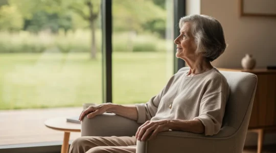 Résidence senior Châtellerault : femme âgée souriante dans un salon moderne avec vue sur parc arboré