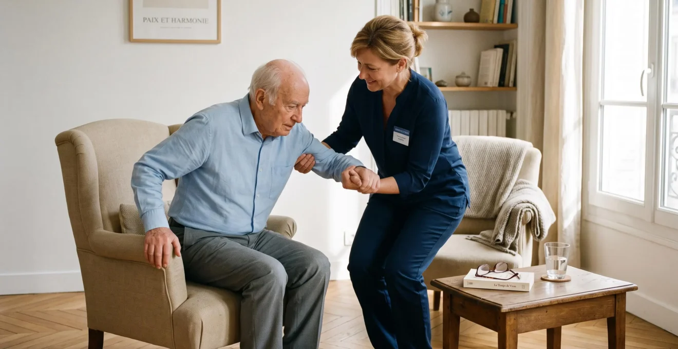 Auxiliaire de vie professionnelle aidant avec bienveillance une personne âgée à se lever d'un fauteuil dans un salon lumineux d'un domicile français, illustrant l'accompagnement quotidien à domicile