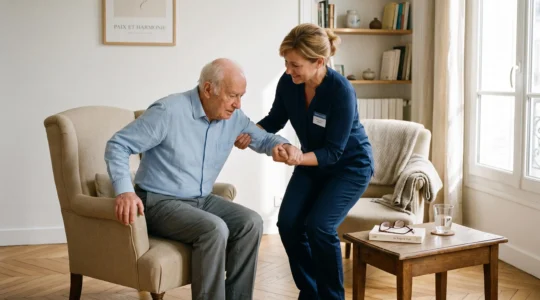 Auxiliaire de vie professionnelle aidant avec bienveillance une personne âgée à se lever d'un fauteuil dans un salon lumineux d'un domicile français, illustrant l'accompagnement quotidien à domicile