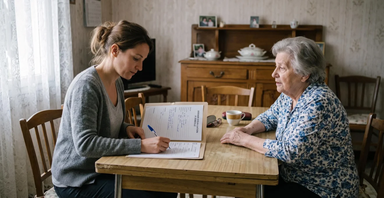 Évaluatrice médico-sociale prenant des notes lors d'un entretien à domicile avec une personne âgée assise à sa table de salle à manger, dans le cadre d'une évaluation de dépendance