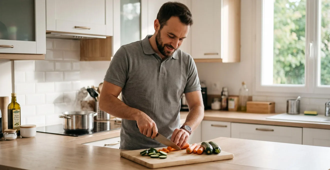 Professionnel de l'aide à domicile préparant un repas équilibré avec des légumes frais dans la cuisine fonctionnelle d'une personne âgée, illustrant les services SAAD quotidiens