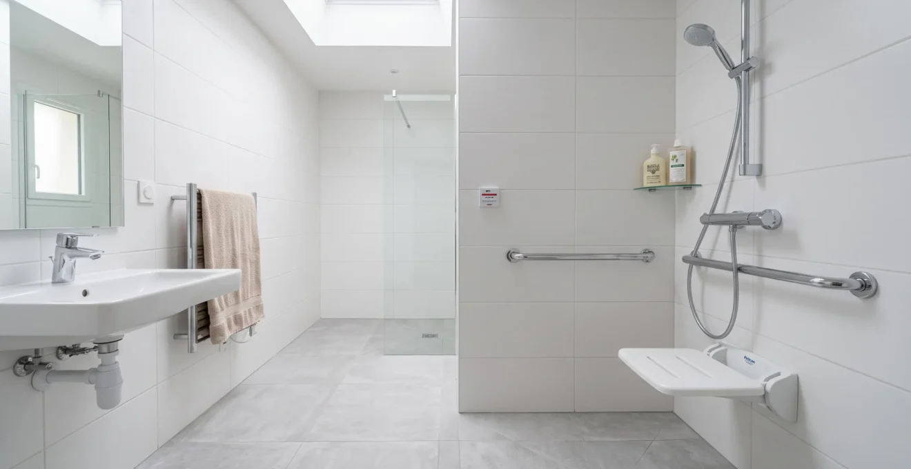 Salle de bain adaptée avec douche à l'italienne, barre d'appui murale chromée, siège rabattable et sol antidérapant, équipements d'accessibilité pour sécuriser le maintien à domicile des seniors